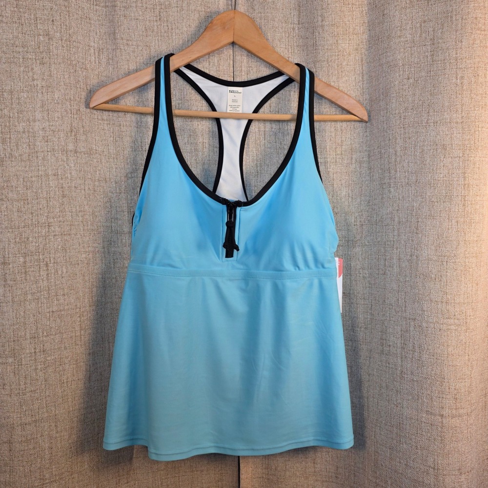 Sports Illustrated Scoop Neck Tankini Women's L Turquoise Swim Top Front‎ Zip